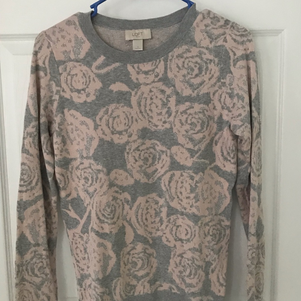 Loft gray sweater with pink rose print.